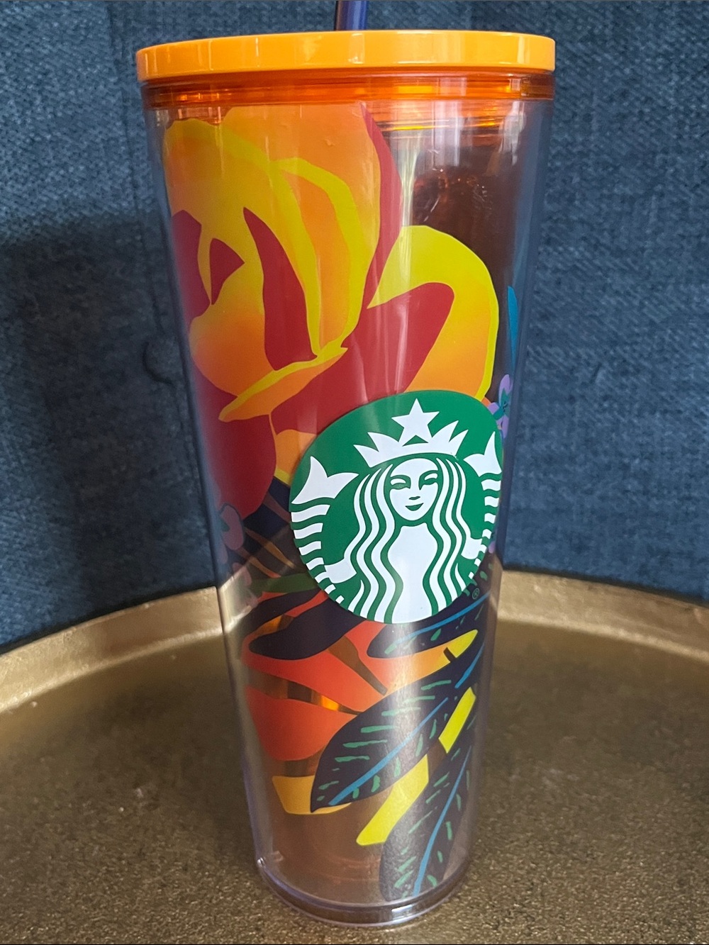 Starbucks Venti Bright Orange Floral Cold Cup Tropical Theme